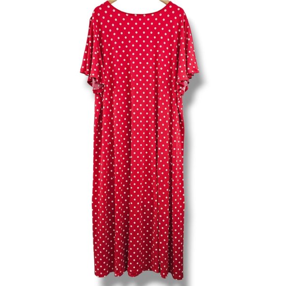 Susan Graver Maxi Dress 3X Red White Polka Dot Liquid Knit V-Neck Flutter Sleeve - Picture 2 of 7